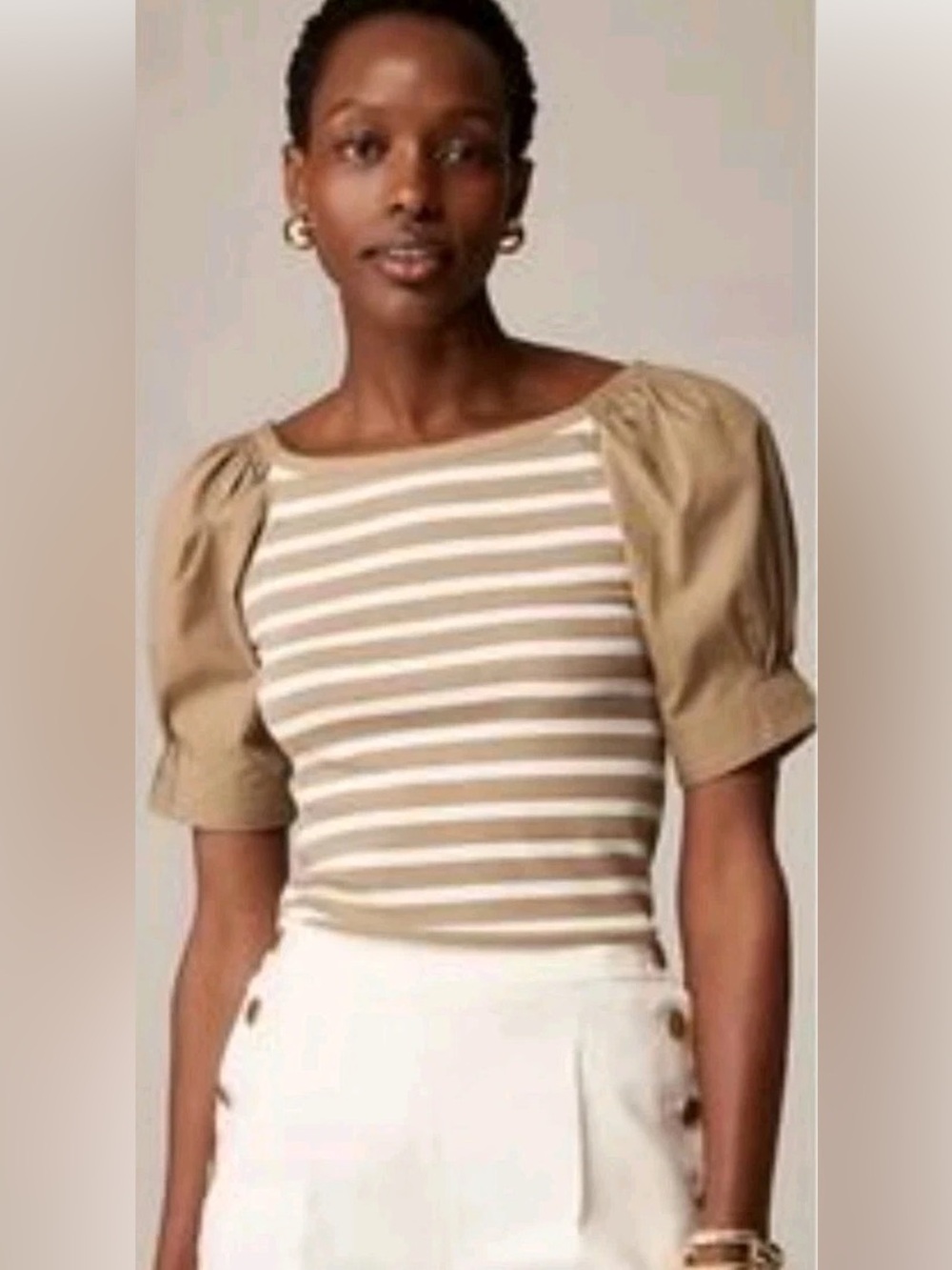 J. Crew Ivory and Taupe Striped Puff-Sleeve Knit Top